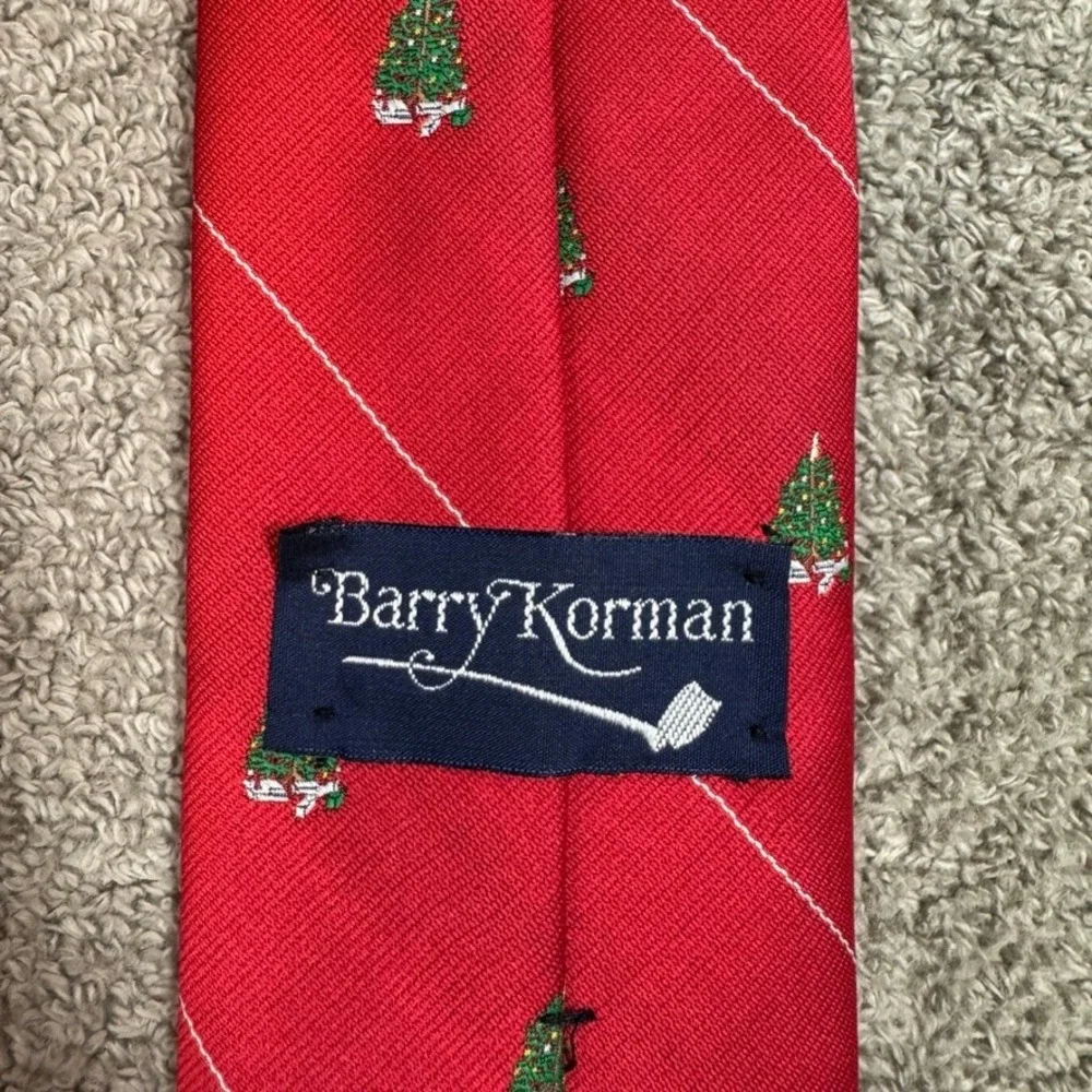Barry Korman Mens Christmas Tree Silk Tie Red Holiday Festive Diagonal Stripe